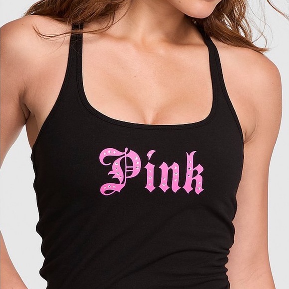 PINK Victoria's Secret Black Crop Top with Pink Logo - Picture 1 of 2